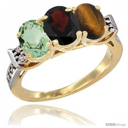 10K Yellow Gold Natural Green Amethyst, Garnet & Tiger Eye Ring 3-Stone Oval 7x5 mm Diamond Accent