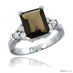 10K White Gold Natural Smoky Topaz Ring Emerald-shape 9x7 Stone Diamond Accent
