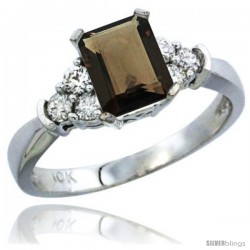 10K White Gold Natural Smoky Topaz Ring Emerald-shape 7x5 Stone Diamond Accent