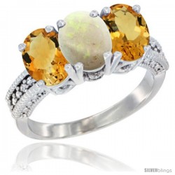 14K White Gold Natural Opal & Citrine Sides Ring 3-Stone 7x5 mm Oval Diamond Accent