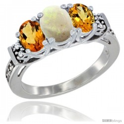 14K White Gold Natural Opal & Citrine Ring 3-Stone Oval with Diamond Accent