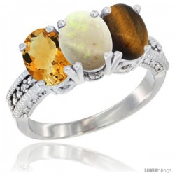 14K White Gold Natural Citrine, Opal & Tiger Eye Ring 3-Stone 7x5 mm Oval Diamond Accent