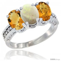 14K White Gold Natural Citrine, Opal & Whisky Quartz Ring 3-Stone 7x5 mm Oval Diamond Accent