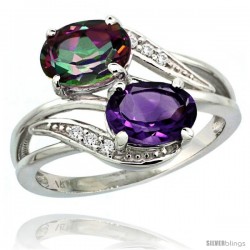 14k White Gold ( 8x6 mm ) Double Stone Engagement Amethyst & Mystic Topaz Ring w/ 0.07 Carat Brilliant Cut Diamonds & 2.34