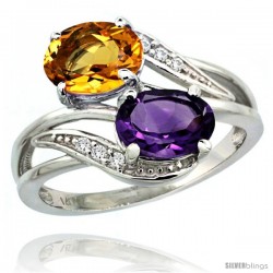 14k White Gold ( 8x6 mm ) Double Stone Engagement Amethyst & Citrine Ring w/ 0.07 Carat Brilliant Cut Diamonds & 2.34 Carats