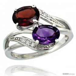 14k White Gold ( 8x6 mm ) Double Stone Engagement Amethyst & Garnet Ring w/ 0.07 Carat Brilliant Cut Diamonds & 2.34 Carats