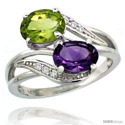 14k White Gold ( 8x6 mm ) Double Stone Engagement Amethyst & Peridot Ring w/ 0.07 Carat Brilliant Cut Diamonds & 2.34 Carats