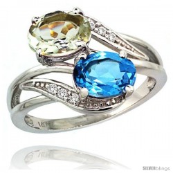 14k White Gold ( 8x6 mm ) Double Stone Engagement Green Amethyst & Swiss Blue Topaz Ring w/ 0.07 Carat Brilliant Cut Diamonds