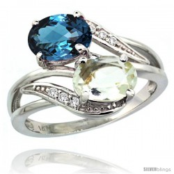 14k White Gold ( 8x6 mm ) Double Stone Engagement Green Amethyst & London Blue Topaz Ring w/ 0.07 Carat Brilliant Cut Diamonds