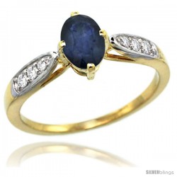 14k Gold Natural Blue Sapphire Ring 7x5 Oval Shape Diamond Accent, 5/16inch wide