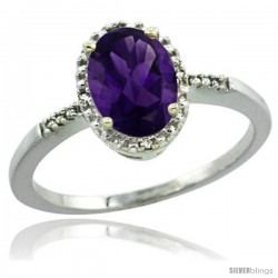 Sterling Silver Diamond Natural Amethyst Ring 1.17 ct Oval Stone 8x6 mm, 3/8 in wide