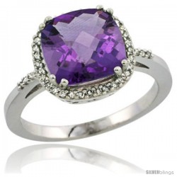 Sterling Silver Diamond Natural Amethyst Ring 3 ct Cushion Cut 9x9 mm, 1/2 in wide