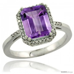 Sterling Silver Diamond Amethyst Ring 2.53 ct Emerald Shape 9x7 mm, 1/2 in wide