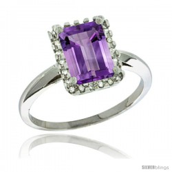 Sterling Silver Diamond Amethyst Ring 1.6 ct Emerald Shape 8x6 mm, 1/2 in wide