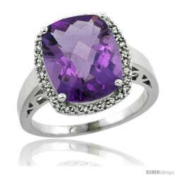 Sterling Silver Diamond Natural Amethyst Ring 5.17 ct Checkerboard Cut Cushion 12x10 mm, 1/2 in wide