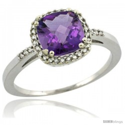 Sterling Silver Diamond Natural Amethyst Ring 1.5 ct Checkerboard Cut Cushion Shape 7 mm, 3/8 in wide