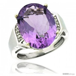 Sterling Silver Diamond Natural Amethyst Ring 9.7 ct Large Oval Stone 16x12 mm, 5/8 in wide