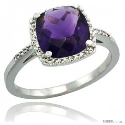 Sterling Silver Diamond Natural Amethyst Ring 2.08 ct Cushion cut 8 mm Stone 1/2 in wide