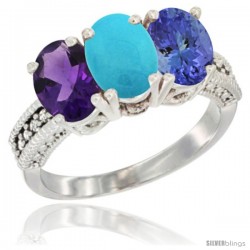 14K White Gold Natural Amethyst, Turquoise & Tanzanite Ring 3-Stone 7x5 mm Oval Diamond Accent