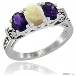 14K White Gold Natural Opal & Amethyst Ring 3-Stone Oval with Diamond Accent