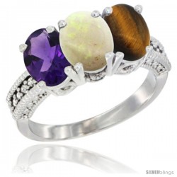 14K White Gold Natural Amethyst, Opal & Tiger Eye Ring 3-Stone 7x5 mm Oval Diamond Accent