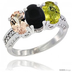 10K White Gold Natural Morganite, Black Onyx & Lemon Quartz Ring 3-Stone Oval 7x5 mm Diamond Accent