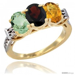 10K Yellow Gold Natural Green Amethyst, Garnet & Whisky Quartz Ring 3-Stone Oval 7x5 mm Diamond Accent