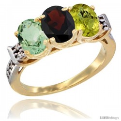 10K Yellow Gold Natural Green Amethyst, Garnet & Lemon Quartz Ring 3-Stone Oval 7x5 mm Diamond Accent