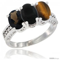 10K White Gold Natural Smoky Topaz, Black Onyx & Tiger Eye Ring 3-Stone Oval 7x5 mm Diamond Accent