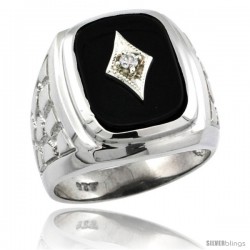 Sterling Silver Diamond Gent's Black Onyx Ring Diamond Center rectangular Shape Rhodium Finish