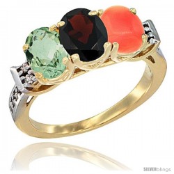 10K Yellow Gold Natural Green Amethyst, Garnet & Coral Ring 3-Stone Oval 7x5 mm Diamond Accent