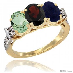 10K Yellow Gold Natural Green Amethyst, Garnet & Lapis Ring 3-Stone Oval 7x5 mm Diamond Accent