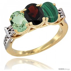 10K Yellow Gold Natural Green Amethyst, Garnet & Malachite Ring 3-Stone Oval 7x5 mm Diamond Accent