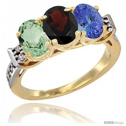 10K Yellow Gold Natural Green Amethyst, Garnet & Tanzanite Ring 3-Stone Oval 7x5 mm Diamond Accent