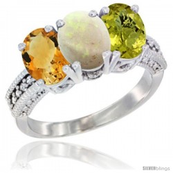 14K White Gold Natural Citrine, Opal & Lemon Quartz Ring 3-Stone 7x5 mm Oval Diamond Accent