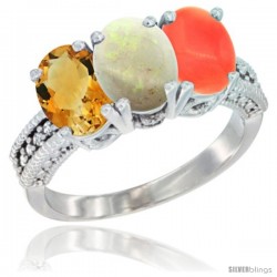 14K White Gold Natural Citrine, Opal & Coral Ring 3-Stone 7x5 mm Oval Diamond Accent