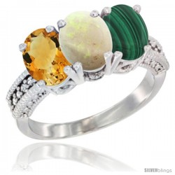 14K White Gold Natural Citrine, Opal & Malachite Ring 3-Stone 7x5 mm Oval Diamond Accent