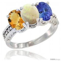 14K White Gold Natural Citrine, Opal & Tanzanite Ring 3-Stone 7x5 mm Oval Diamond Accent