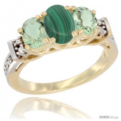 14K Yellow Gold Natural Malachite & Green Amethyst Ring 3-Stone Oval with Diamond Accent