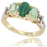 14K White Gold Natural Malachite & Green Amethyst Ring 3-Stone Oval with Diamond Accent