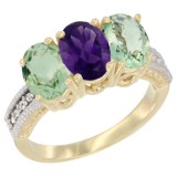 14K Yellow Gold Natural Amethyst & Green Amethyst Ring 3-Stone 7x5 mm Oval Diamond Accent