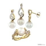 14k Gold Heart-shaped Loop Pearl Ring, Earrings & Necklace Set w/ 0.72 Carat Brilliant Cut ( H-I Color VS2-SI1 Clarity )