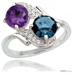 14k White Gold ( 7 mm ) Double Stone Engagement Amethyst & London Blue Topaz Ring w/ 0.05 Carat Brilliant Cut Diamonds & 2.34