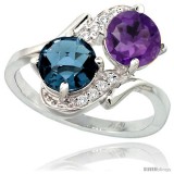 14k White Gold ( 7 mm ) Double Stone Engagement Amethyst & London Blue Topaz Ring w/ 0.05 Carat Brilliant Cut Diamonds & 2.34