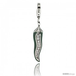 Sterling Silver Chili Jalapeno Pepper Charm for Bracelet w/ Cubic Zirconia Stones, 1 5/16 in. (33 mm) tall, Enamel Finish