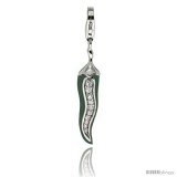 Sterling Silver Chili Jalapeno Pepper Charm for Bracelet w/ Cubic Zirconia Stones, 1 5/16 in. (33 mm) tall, Enamel Finish