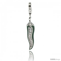 Sterling Silver Chili Jalapeno Pepper Charm for Bracelet w/ Cubic Zirconia Stones, 1 5/16 in. (33 mm) tall, Enamel Finish