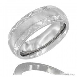 Surgical Steel Domed Wedding Band Ring Engraved Zigzag Pattern Millgrain Edges 7mm Comfort fit