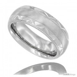 Surgical Steel Domed Wedding Band Ring Engraved Zigzag Pattern Millgrain Edges 7mm Comfort fit