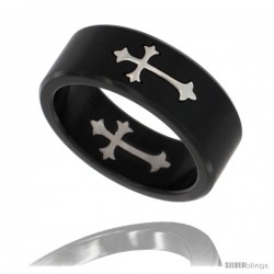 Surgical Steel Patonce Cross Wedding Band Ring 8mm 2-tone Black Satin Finish